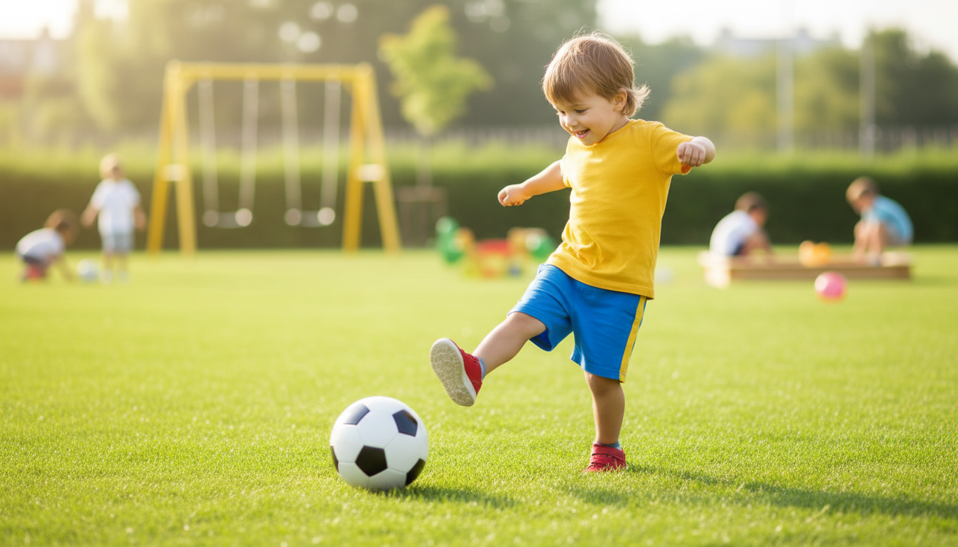 child kicking soccerball