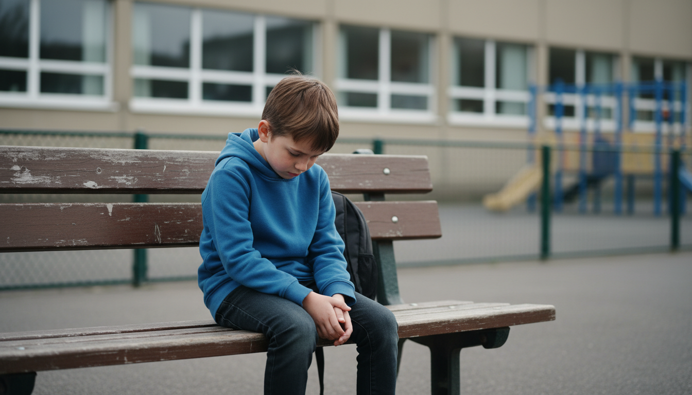 A young boy sitting alone on a bench in a schoolyard, looking down with a dejected expression. His shoulders are slumped, and his hands are resting limply in his lap, conveying feelings of sadness or loneliness. The background is slightly blurred to focus on the boy's emotional state.