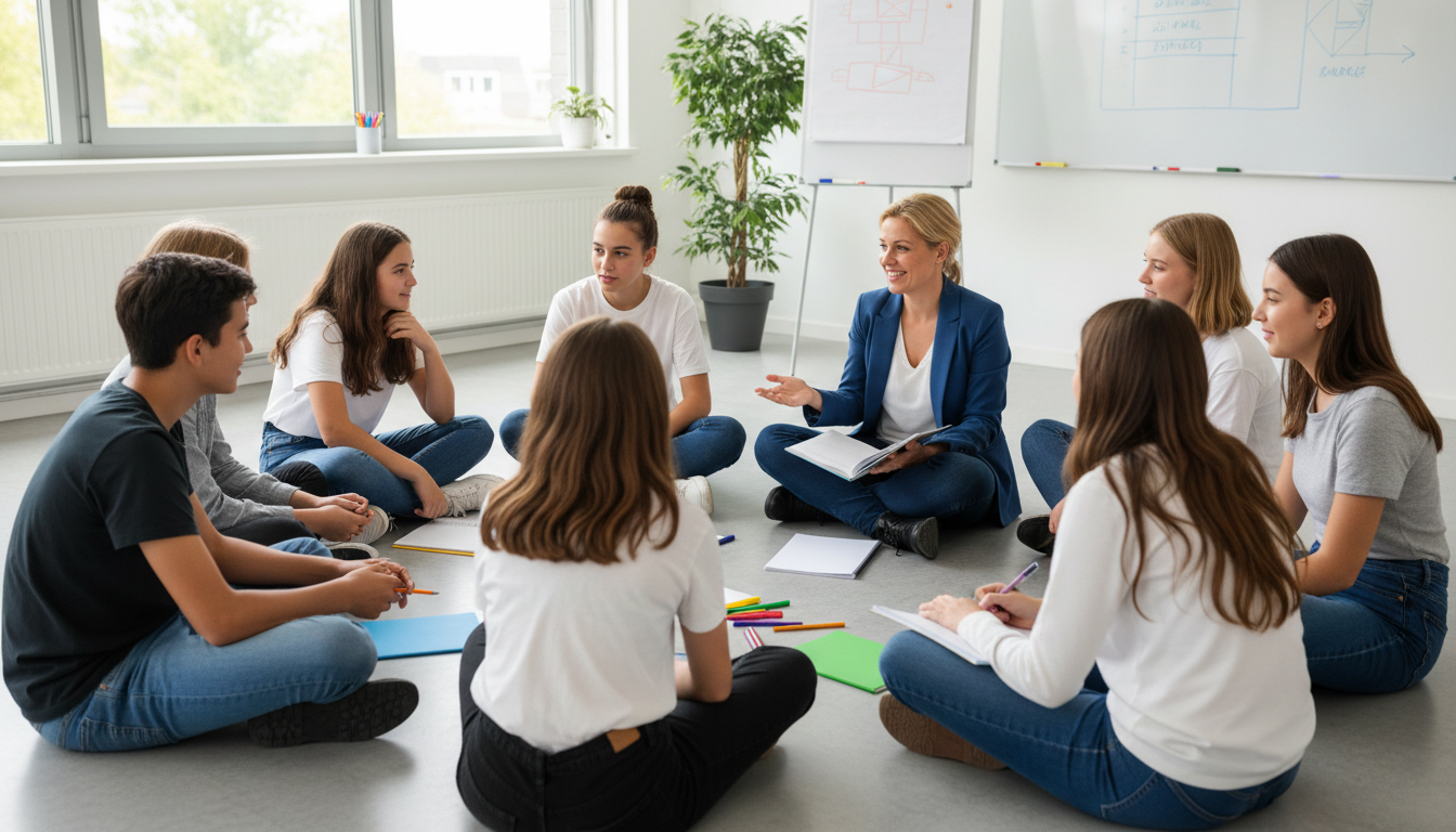 diverse teenagers sitting circle