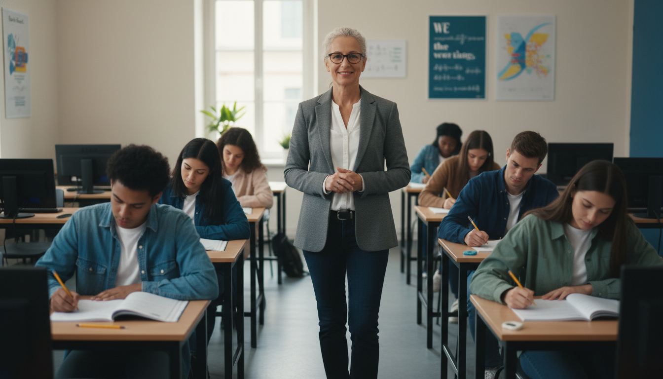 teacher supervising exam row