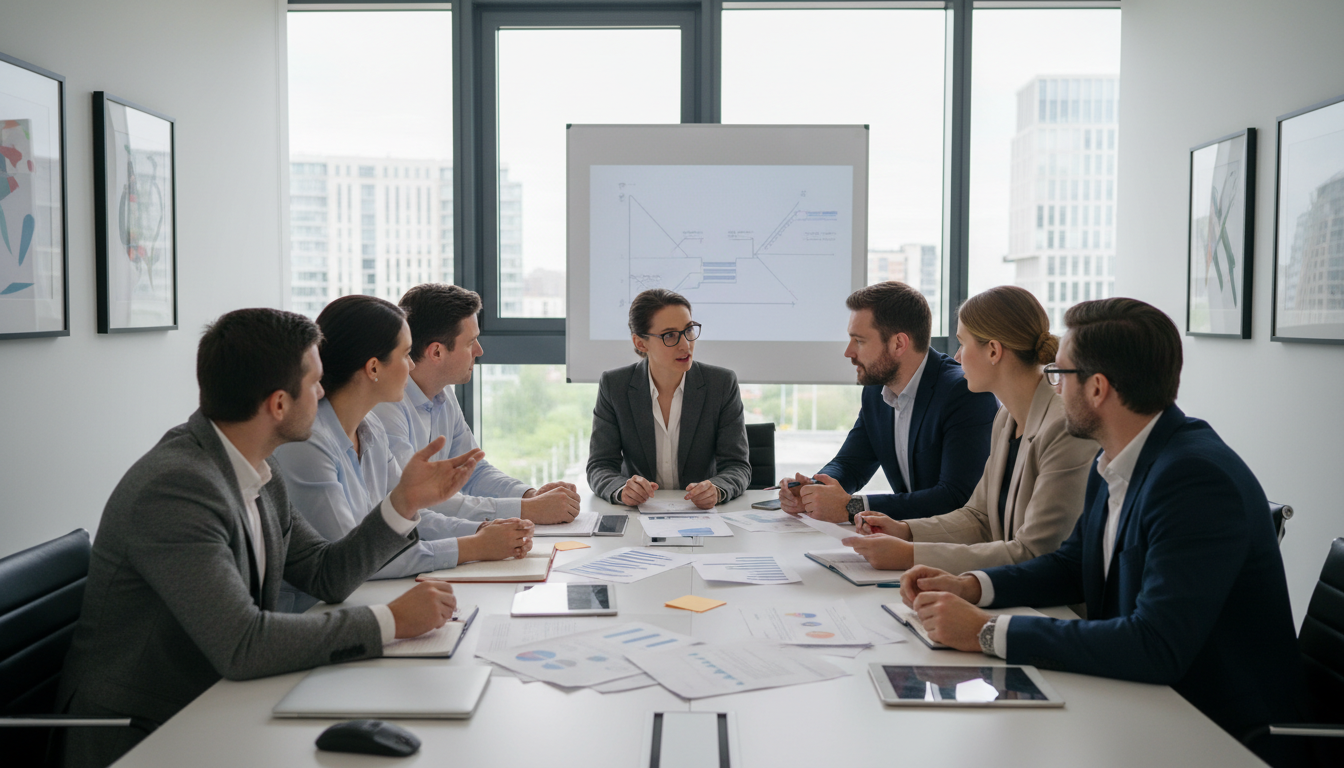 diverse group meeting conference table discussing documents
