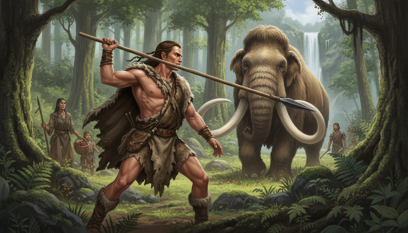 hunter throwing spear forest